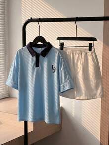 SHEIN Little Byeori 1件儿童/青少年男童休闲校园风撞色POLO领短袖衬衫，适合通勤、上学、日常休闲穿着、运动、春夏穿着 - 淺藍色 - 查看 6