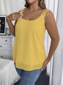 Vionelle Camisola feminina plus size de cor sólida com detalhes em renda - Amarelo Mustarda - Ver 5