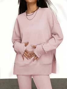 INAWLY 女士纯色落肩休闲通勤长袖上衣搭配紧身打底裤，打造休闲日常穿搭 - 粉色 - 查看 6