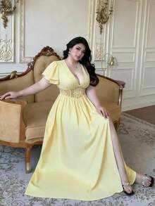 Vibekara Nuevo vestido de verano elegante con parches de encaje negro y cintura ceñida que reduce la edad - Amarillo - Ver 4