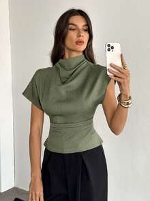 SHEIN Tall 领口不对称袖侧边褶皱收腰通勤竹麻面料女式衬衫，四季皆宜，巧克力棕色上衣 - 軍綠色 - 查看 8