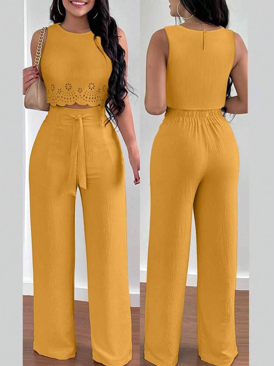 Elegant Vacation Round Neck Camisole With Hollow Tie Detail & Straight Leg Pants 2 Pieces Set For Women - Yellow - View 1