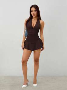 SHEIN PETITE 女款掛脖高彈力腰 A 字擺緊身連身褲，附荷葉邊，適合嬌小女性 - 棕色 - 查看 3