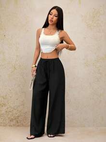 SHEIN PETITE 女款黑色夏季休閒優雅寬腿褲，時尚Y2K街頭風，寬鬆上班通勤辦公商務雞尾酒會，適合嬌小女性 - 黑色 - 查看 6