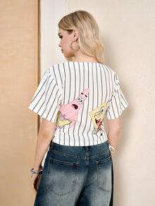 SpongeBob SquarePants | SHEIN Áo kiểu nữ cổ chữ V kẻ sọc in chữ, thiết kế xếp ly xoắn, kiểu dáng thường ngày đa năng. - trắng - Xem 2