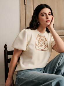Anewsta Plus Size Women's White T-Shirt, Elegant Curve Summer Party Date Night Resort Embroidered Rose Short Puff Sleeve T-Shirt, Daily Wear, Vacation - Apricot - View 1
