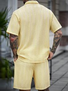 Genlund 男士 Polo 衫與短褲套裝，針織淡黃色夏季休閒度假穿搭，老錢風紋理短袖透氣上衣與短褲，復古日常穿著，假期 - 黃色 - 查看 2