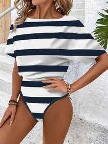 SHEIN LUNE Bộ đồ liền thân tay ngắn họa tiết sọc giản dị dành cho nữ, thích hợp cho kỳ nghỉ hè - Nhiều màu - Xem 1