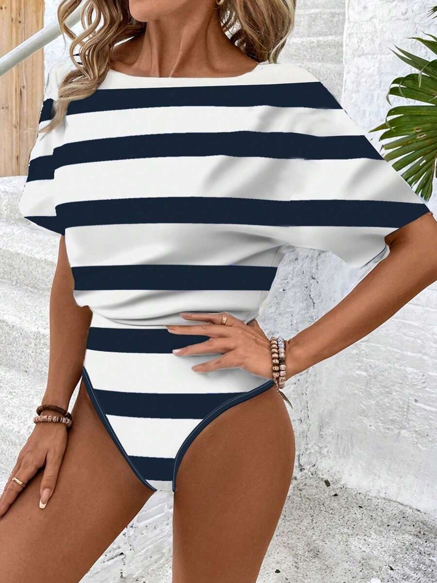 SHEIN LUNE Bộ đồ liền thân tay ngắn họa tiết sọc giản dị dành cho nữ, thích hợp cho kỳ nghỉ hè - Nhiều màu - Xem 1