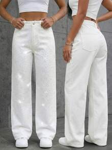 SHEIN ICON Women's Rhinestone Button Pocket Casual Versatile Daily Wear Denim Jeans - White - View 1