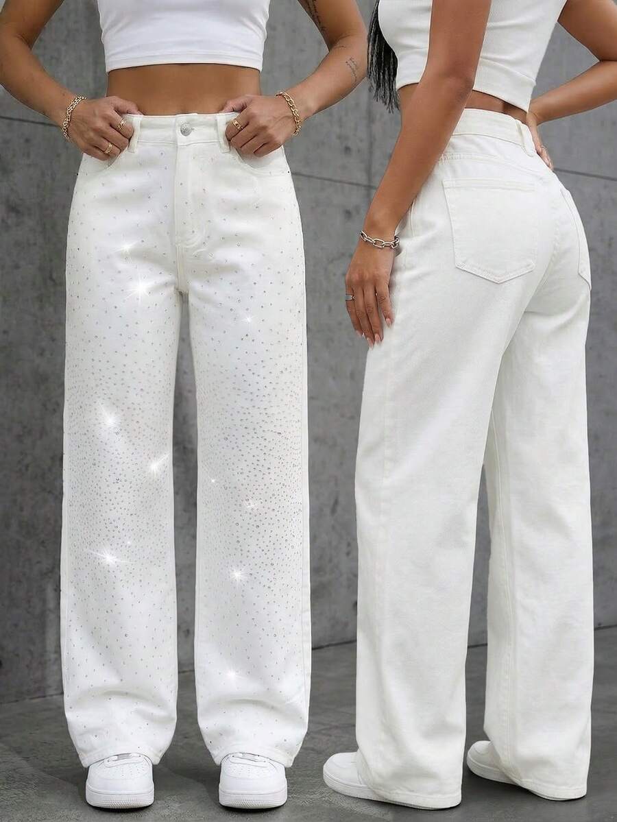 SHEIN ICON Women's Rhinestone Button Pocket Casual Versatile Daily Wear Denim Jeans - White - View 1