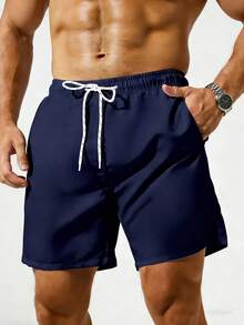 ZELFYO Men Solid Drawstring Waist Swim Trunks - Navy Blue - View 3