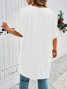 SHEIN LUNE CURVE 大码女式纯色V领休闲百搭日常短袖T恤 - 白色 - 查看 2