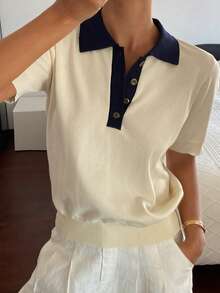 DAZY Women's Patchwork Contrast Color Collared Short Sleeve Casual Vacation Lightweight Knit Top, Summer - White - View 2