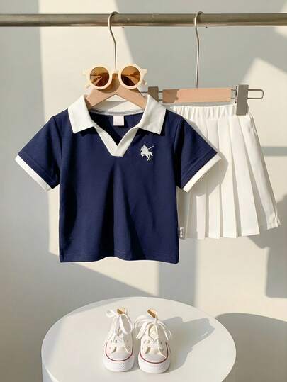 2pcs Infant Baby Girls' Summer Navy & White Collegiate Style Embroidered Polo Shirt With Pleated Skirt Set, Suitable For Casual Outings, School Activities, Family Gatherings, Hangouts With Friends, And Dance Days Baby Polo Dress Toddler Pleated Skirt Baby Tennis Dress Toddler Tennis Skirt Baby Girl Pleated Skirt Set Baby Girl Clothes Summer Outfits For Girls Spring Outfits For Girls Premier Clothes For Girls