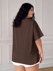 Solflare Plus Size Blue Daisy Embroidered Casual Short Sleeve T-Shirt, Spring/Summer Clothes - Chocolate Brown - View 2
