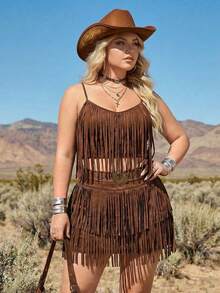SHEIN ICON 大码女式纯色流苏吊带背心和迷你裙两件套，时尚约会流苏连衣裙，女士西部风情套装，波西米亚流苏套装，牛仔女郎套装，咆哮的二十年代套装，狂野西部套装，女士牛仔套装 - 棕色 - 查看 2