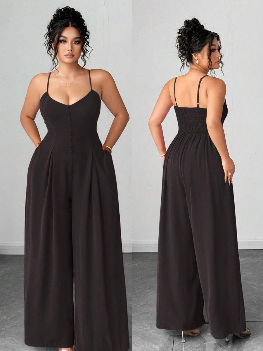 Elenzga Bộ jumpsuit nữ cỡ lớn thanh lịch, trang nhã cho mùa xuân/hè với dây cài nút, eo xếp ly, ống rộng và quần dài. - màu nâu - Xem 1