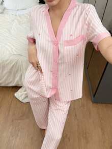 SHEIN 女士爱心条纹印花撞色短袖睡衣套装 - 粉色 - 查看 4