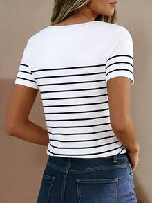 EMERY ROSE Camiseta de mujer de manga corta con cuello en V y estampado de rayas, con diseño de cremallera metálica, para verano - Multicolor - Ver 2