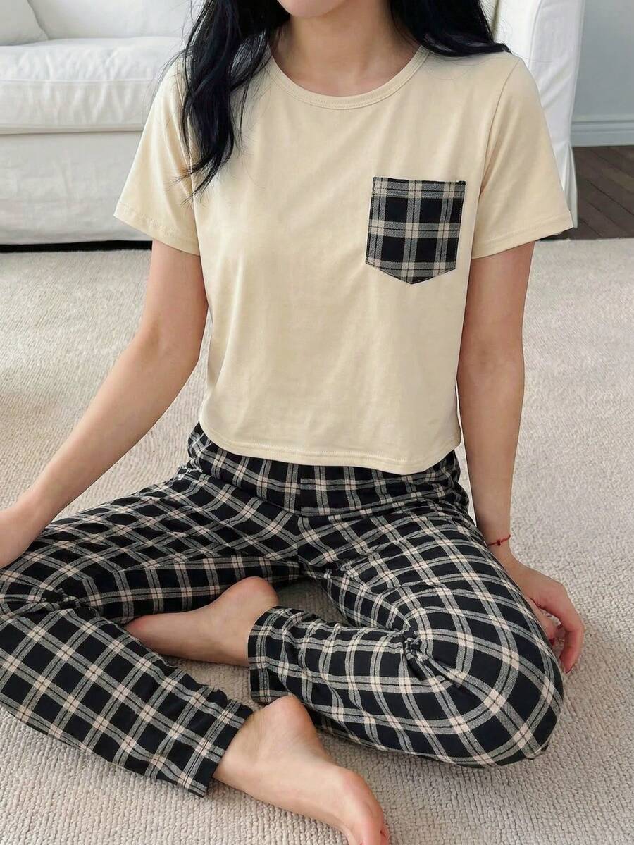 Conjunto de pijama y ropa de estar en casa con blusa de manga corta color albaricoque con bolsillo a cuadros y pantalones a cuadros clásicos en blanco y negro para niñas - Multicolor - Ver 1