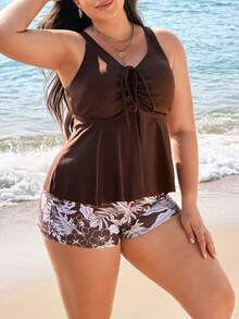 Swim Lushoire Tankini de talla grande con estampado floral y cuello en V, estilizador y favorecedor para vacaciones de primavera - Multicolor - Ver 7