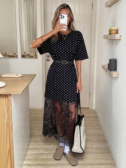 Easowa Đầm midi dự tiệc thường ngày phối ren chấm bi dành cho nữ