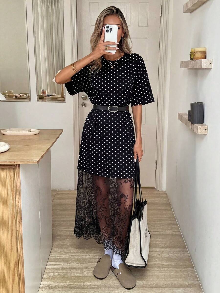 Easowa Đầm midi dự tiệc thường ngày phối ren chấm bi dành cho nữ - Đen và trắng - Xem 1