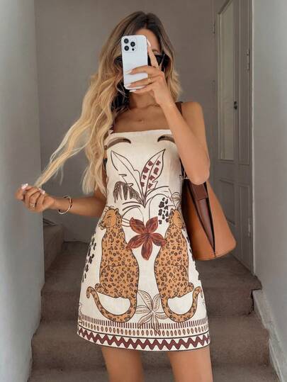 Easowa Printed Spaghetti Strap Mini Dress For Women, Suitable For Casual, Beach Vacation, And Daily Casual Wear, Spring/Summer Printed Spaghetti Strap Mini Dress For Women, Suitable For Casual, Beach Vacation, And Daily Casual Wear, Spring/Summer Women's Summer Leopard Print Mini Dress Strapless Sleeveless Floral Pattern Casual Style   Leopard Print Women's Mini A Line Strapless Dress With Floral Accents For Summer