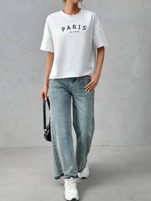 SHEIN Essnce 女士95%纯棉柔软简约基础款短前长后T恤，巴黎印花 - 时尚休闲上衣，适合外出、旅行、度假、海滩、派对、生日、音乐节、居家穿着、返校季、复古Y2K风、柔美少女/清新少女风、运动、Z世代夏季骑行和瑜伽等场合 - 白色 - 查看 7