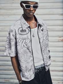 Modcrash 男士蓝色油画向日葵、字母和飞马印花拉链衬衫 - 彩色 - 查看 5