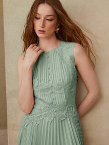 MOTF PREMIUM 女士褶皱蕾丝拼接优雅约会之夜无袖连衣裙，春夏款 - 綠色 - 查看 2