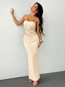 SHEIN PETITE 女士吊带蕾丝透视连衣裙，性感派对装、约会装、节日装，适合秋冬季节，可作内搭。 - 杏色 - 查看 6