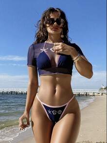 Swim Mod 3pcs Women's Surfing Outfit Set, Cherry Letter Print Spaghetti Strap Bikini, Sheer Mesh Cover Up Round Neck Short Sleeve T-Shirt, Knit Swimsuit - Royal Blue - View 3