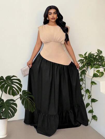 Maweii 大码复古休闲收腰撞色无袖连衣裙