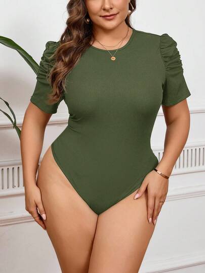 SHEIN Privé Plus Size Women Black Minimalist Bodysuit, Fall Back To School