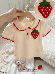 Cozy Pixies Áo thun cổ tròn tay cánh hoa họa tiết dâu tây cho bé gái, đa năng và thoải mái. - Màu be - Xem 1