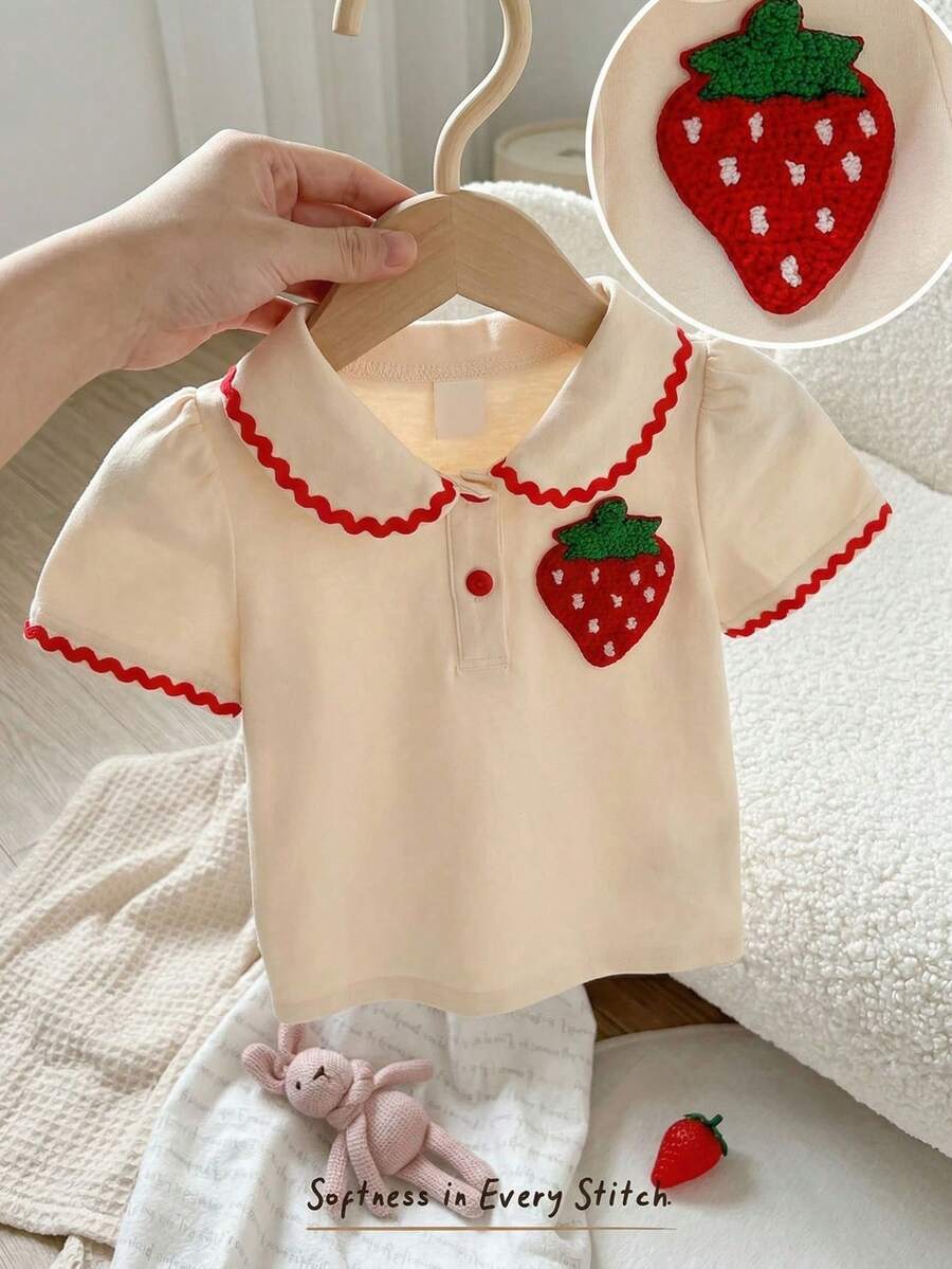 Cozy Pixies Áo thun cổ tròn tay cánh hoa họa tiết dâu tây cho bé gái, đa năng và thoải mái. - Màu be - Xem 1