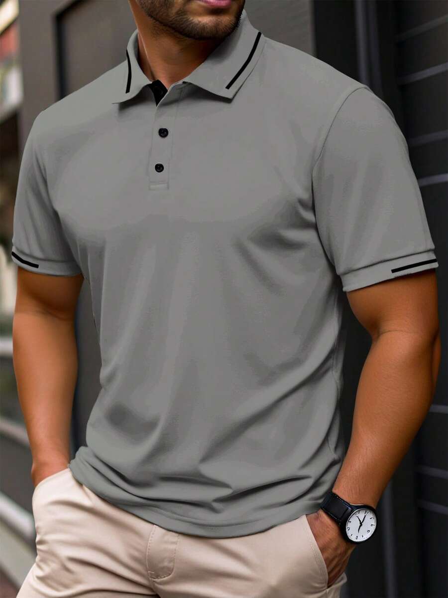 Manfinity Homme 大尺碼男士拼色休閒日常穿著短袖 Polo 衫,正式款 - 淺灰色 - 查看 1