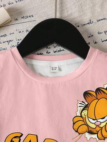 GARFIELD | SHEIN 女童夏季休闲字母猫咪印花圆领短袖T恤 - 白色 - 查看 3