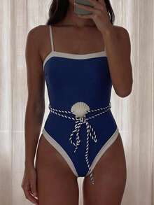 Swim Chiccia Áo tắm liền thân kiểu thủy thủ màu đen trắng dành cho nữ, thích hợp cho kỳ nghỉ biển và hẹn hò, mùa xuân/hè. - Màu xanh lam - Xem 1