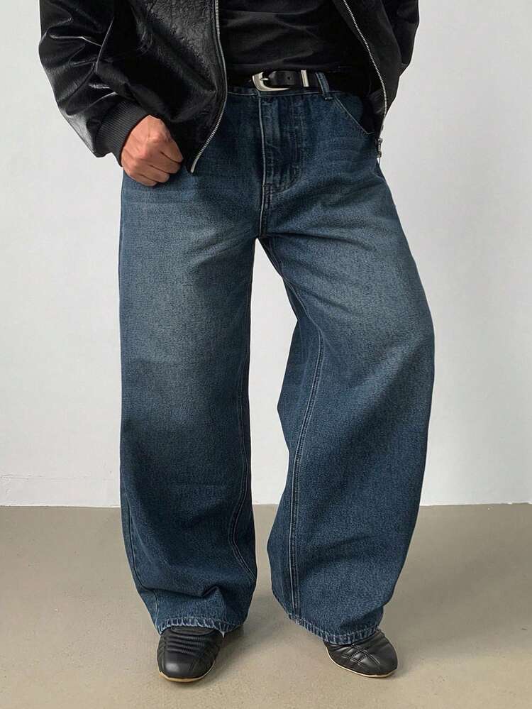 Men's Plus Size Washed Blue Solid Color Denim Jeans, Suitable For Spring And Autumn