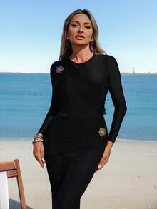 Swim Mulvari Women's Elegant Metallic Flower Decor Burkini Set, Modest Full Coverage Beach Swimwear, Spring/Summer - Black - View 6