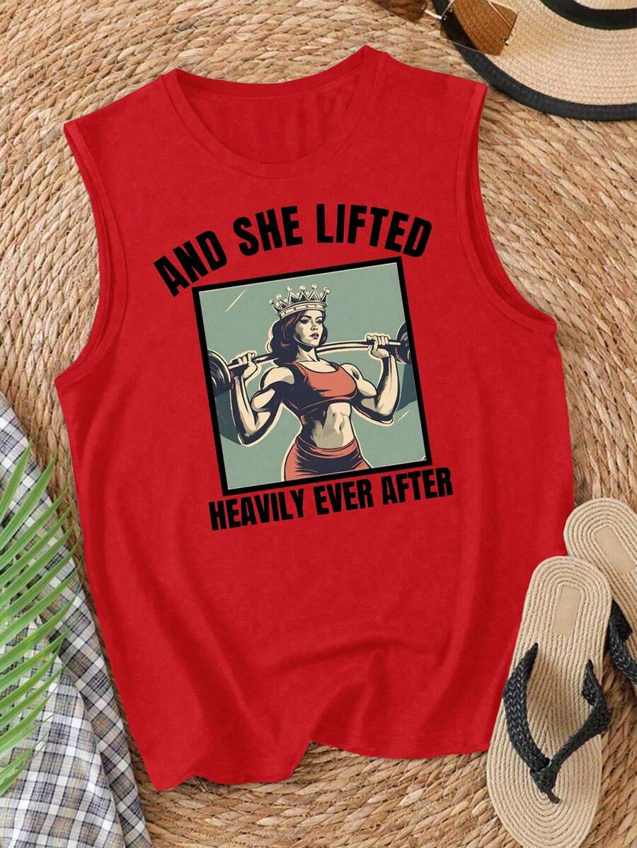 SHEIN Unity 女款紅色夏季休閒圖案無袖背心上衣,自由女神像與字母印花,健身運動瑜伽上衣,趣味復古背心 - 紅色 - 查看 1