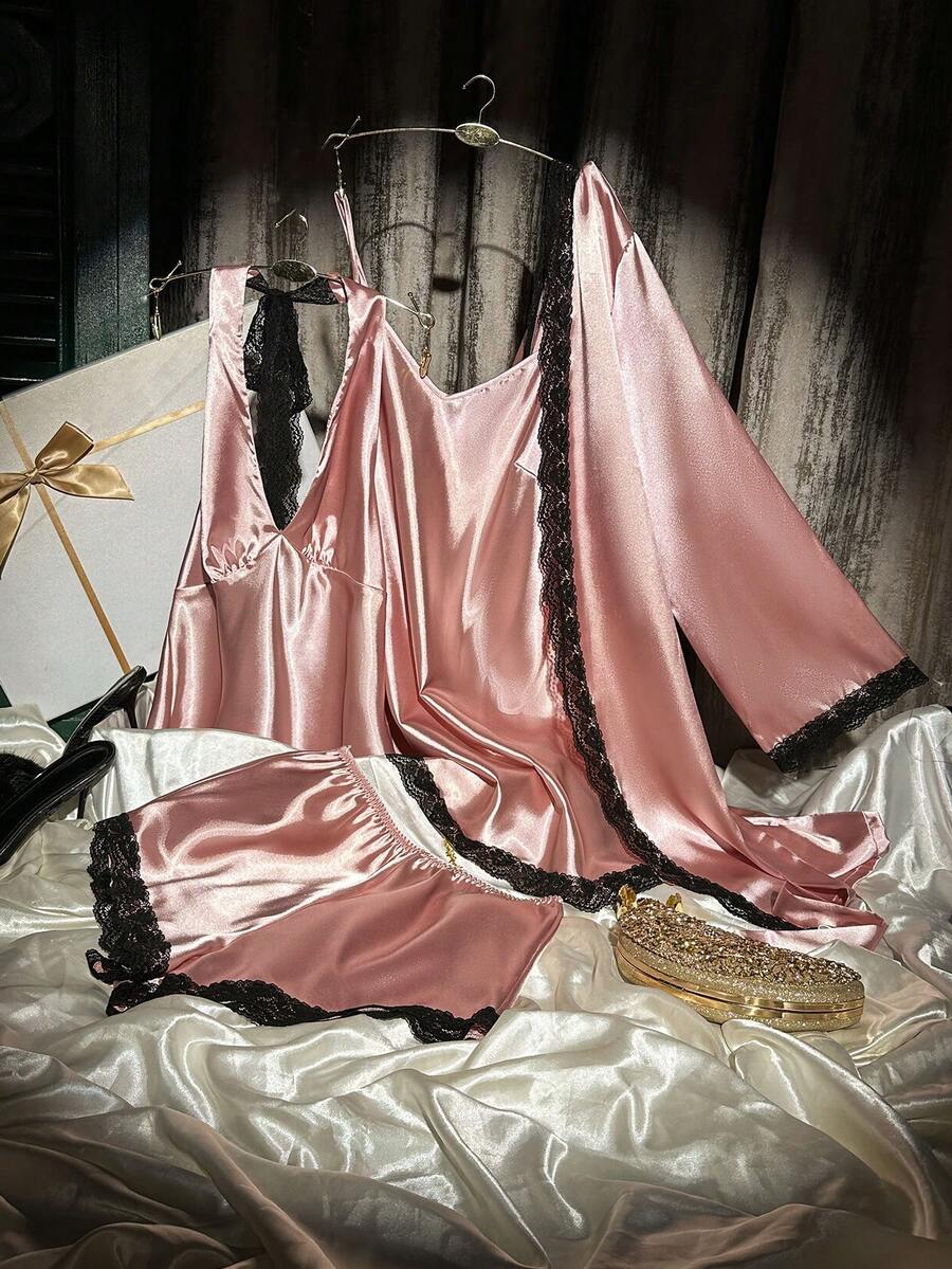 SilkySpell Bộ 4 món đồ ngủ nữ gợi cảm cổ chữ V, dây mảnh, áo choàng dài tay, áo hai dây buộc eo và quần short, màu hồng, phù hợp mọi mùa, viền ren. - Hồng - Xem 1