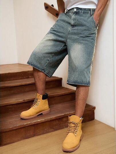 GALLERY FADE Men's Denim Patchwork Frayed Hem Wide Leg Shorts