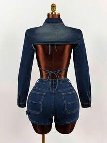 Slaydiva 女士休闲时尚百搭牛仔短裤，带镂空设计 - 藍色 - 查看 2