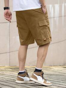 Manfinity Homme Men's Casual Solid Color Cargo Shorts, Summer - Khaki - View 2