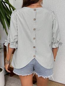 EMERY ROSE Striped Round Neck Cuff Tie Back Decor Button Plus Size Shirt - Grey - View 1