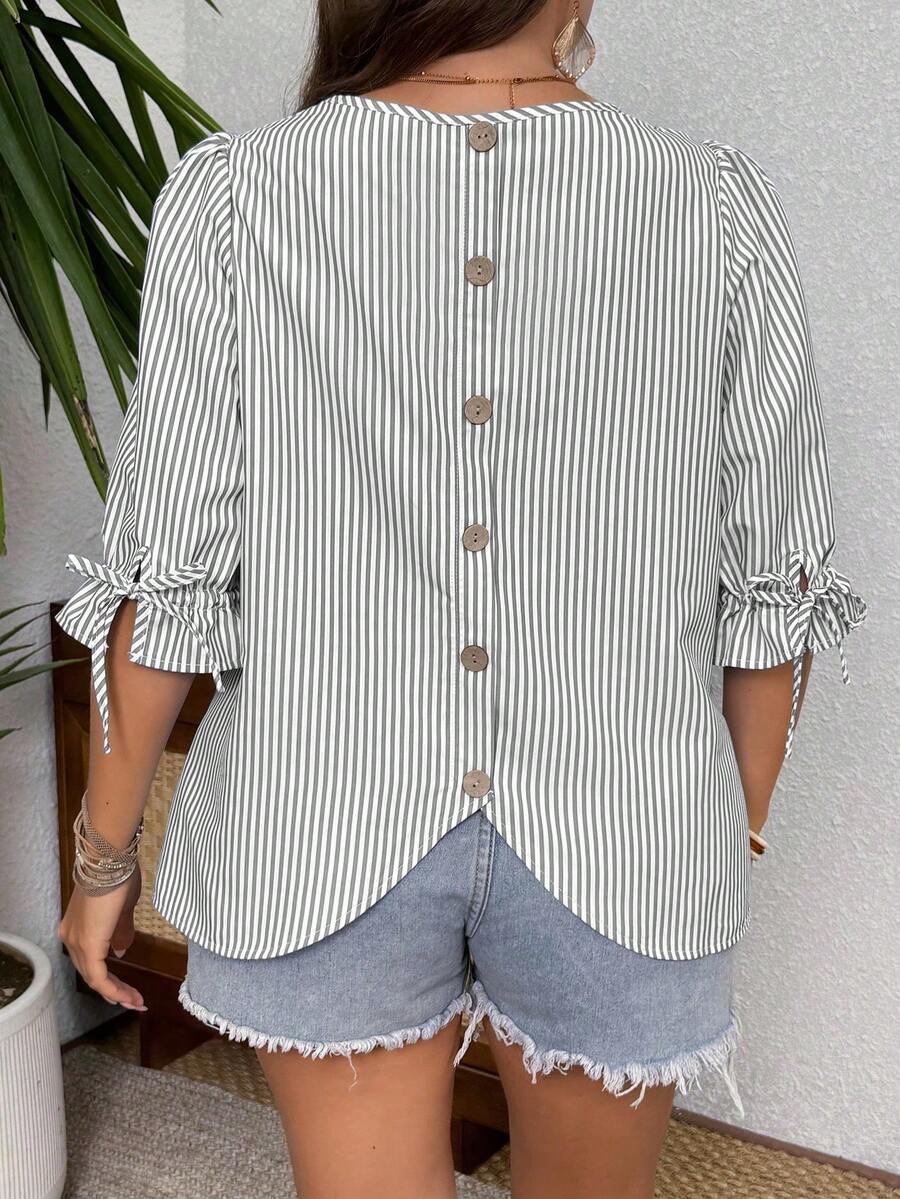 EMERY ROSE Striped Round Neck Cuff Tie Back Decor Button Plus Size Shirt - Grey - View 1